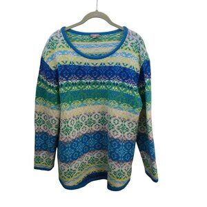 J. Jill Wool Angora Fair Isle Nordic Sweater Blue Green Size L